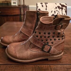 BED|STU Brown Combat Moto Boots with Heart Cutouts
